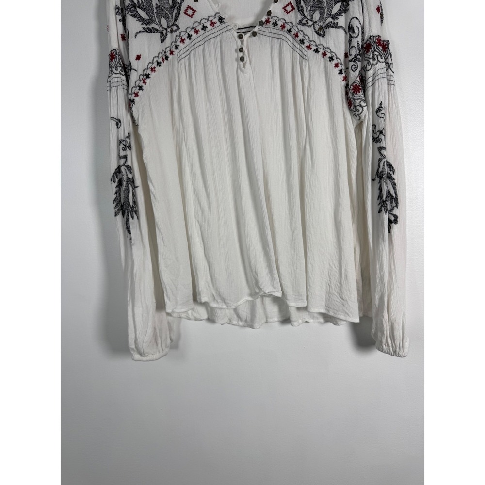 Bohemian Free People Womens Large Blouse White Embroidered Henley Peasant Top - Picture 8 of 8
